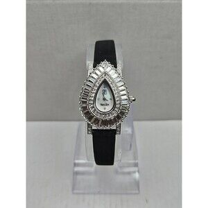 Victoria Wieck B6491 Teardrop Crystal MOP Dial Black Leather Watch New Battery
